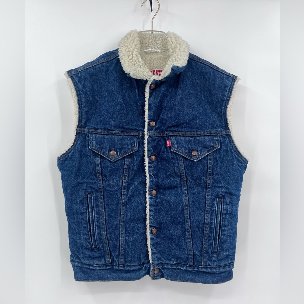 Levi's Dark Blue Denim Sherpa-Lined Vest with Cream Collar